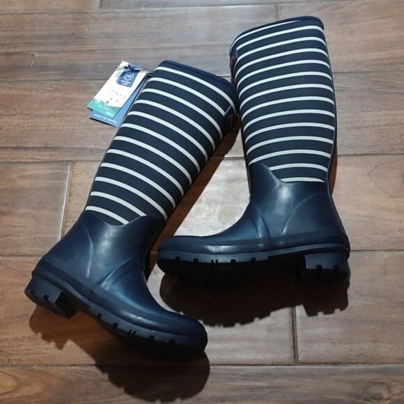 NWT Joules 5 neoprene striped navy rain boots wellies - Picture 1 of 8